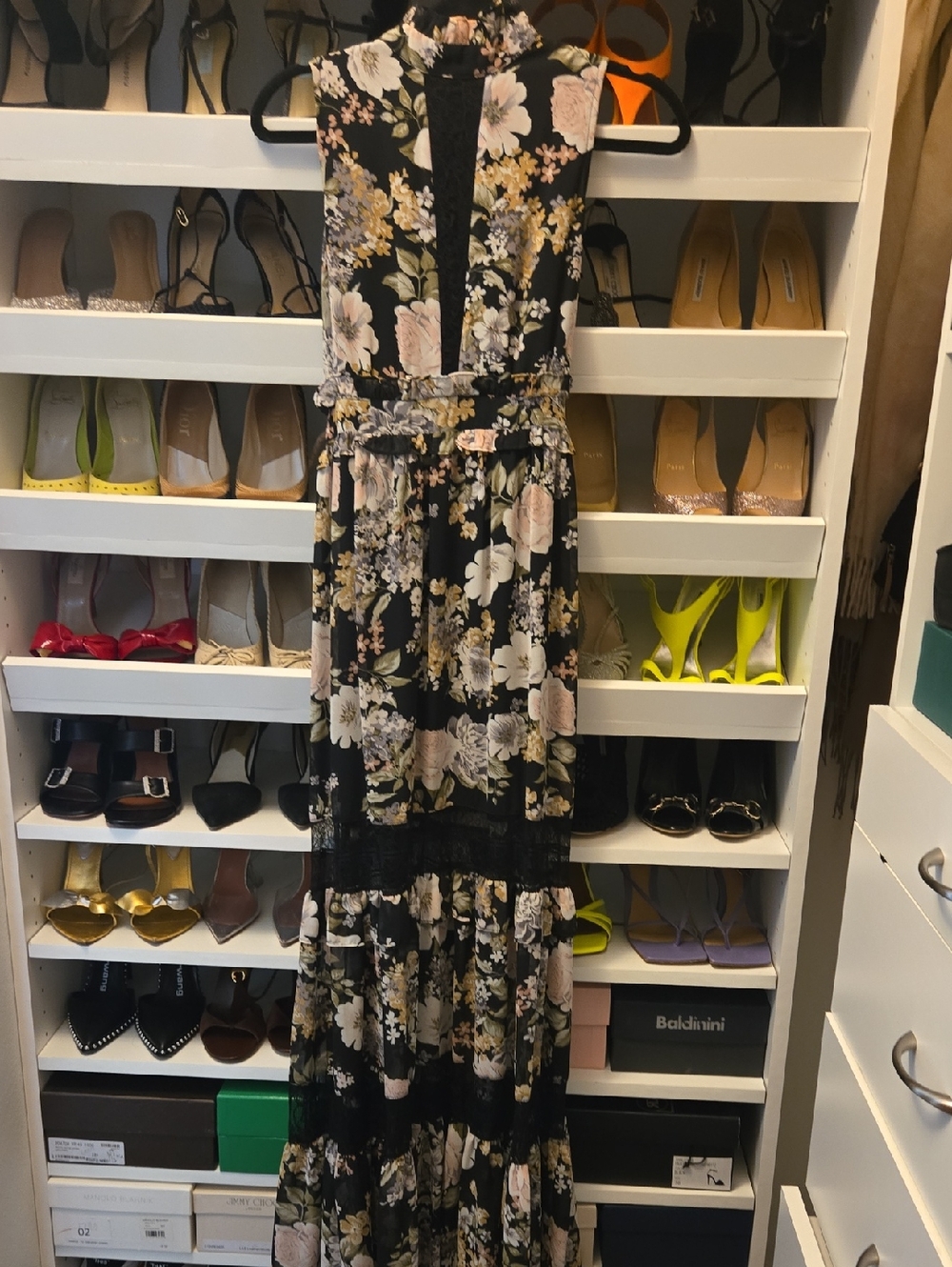 The Vintage Shop Black Floral Maxi Dress with Blush and Sage Accents